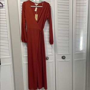 Rust Long Sleeve Wrap Dress